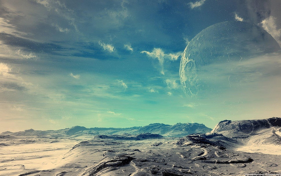 photo of mountain under blue sky, landscape, science fiction HD wallpaper