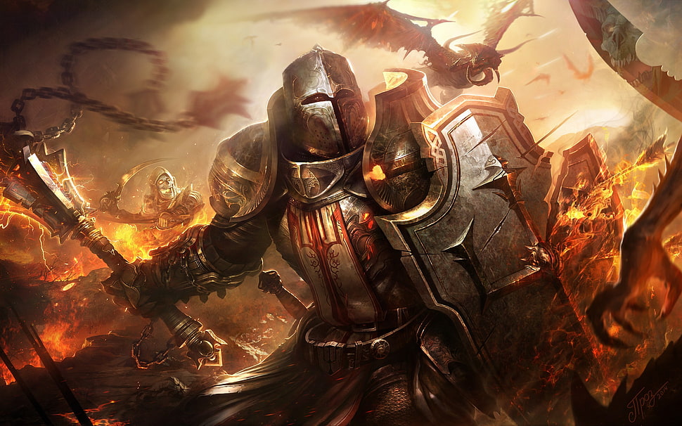 robot illustration, warrior, shield, dragon, skeleton HD wallpaper