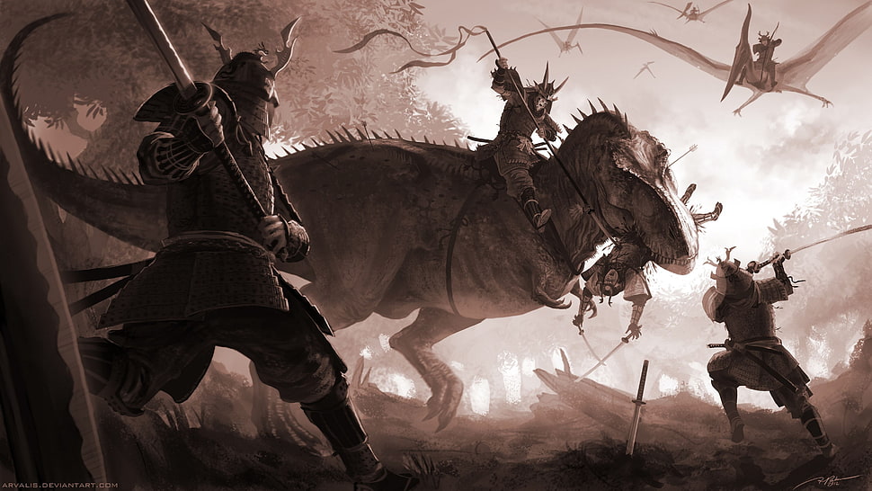 illustration of warriors and dinosaurs HD wallpaper