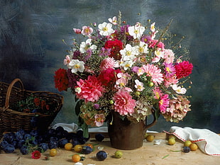 white, pink, and red flowers in brown vase