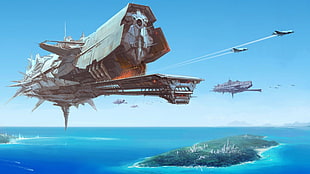 gray aircraft below island illustration, artwork, fantasy art, spaceship, sea