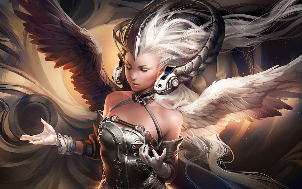 black and white haired woman with wings illustration HD wallpaper