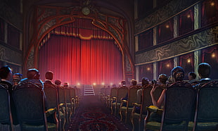 red and black runner rug, theater, curtain, people, carpet