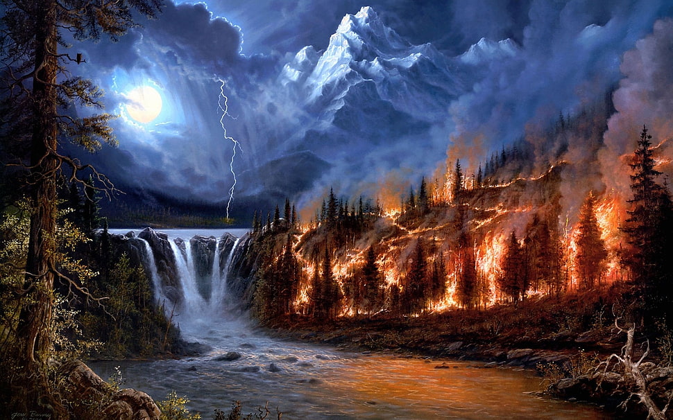 mountain on fire beside waterfalls painting HD wallpaper