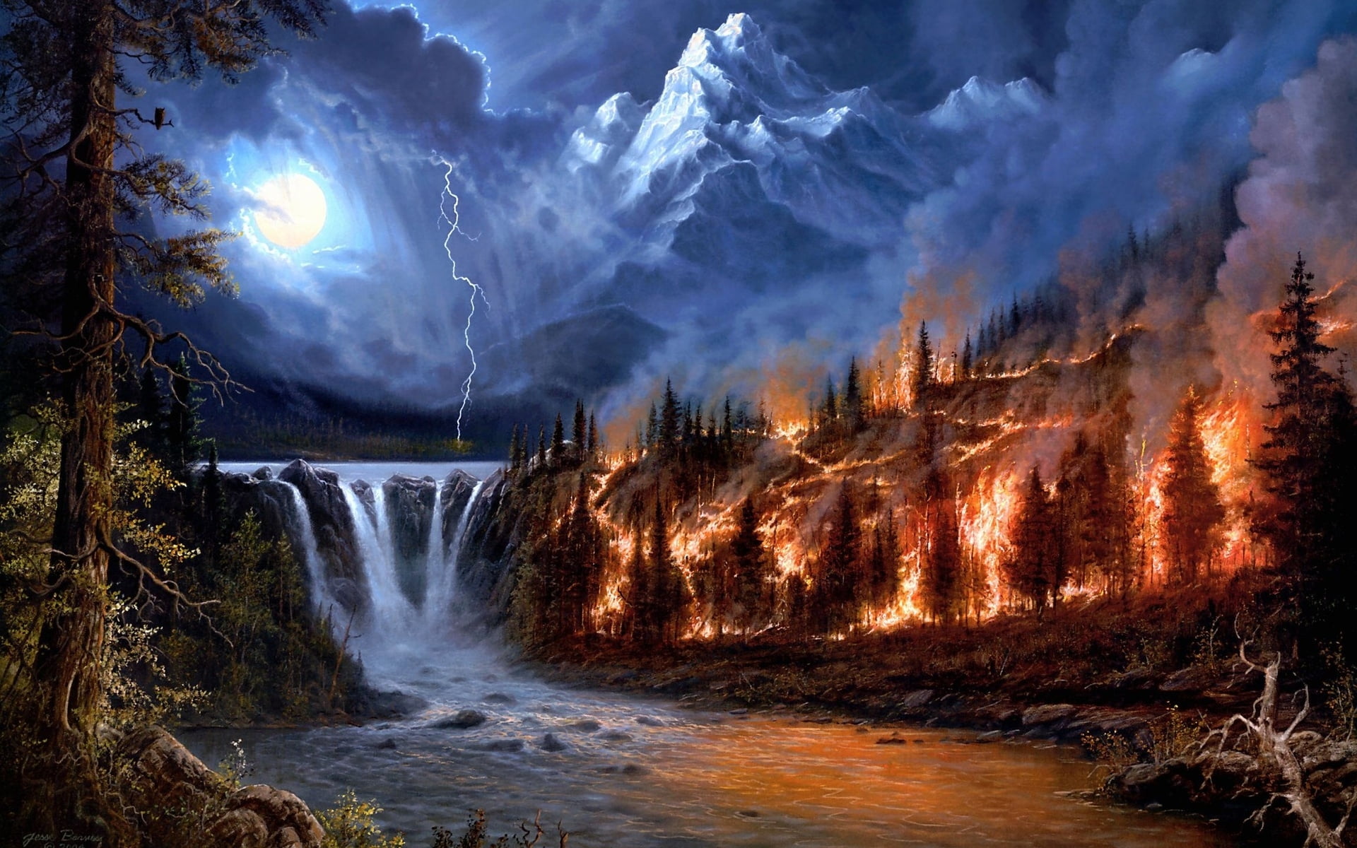 mountain on fire beside waterfalls painting