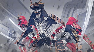 three knight skeletons characters, digital art, katana, skeleton