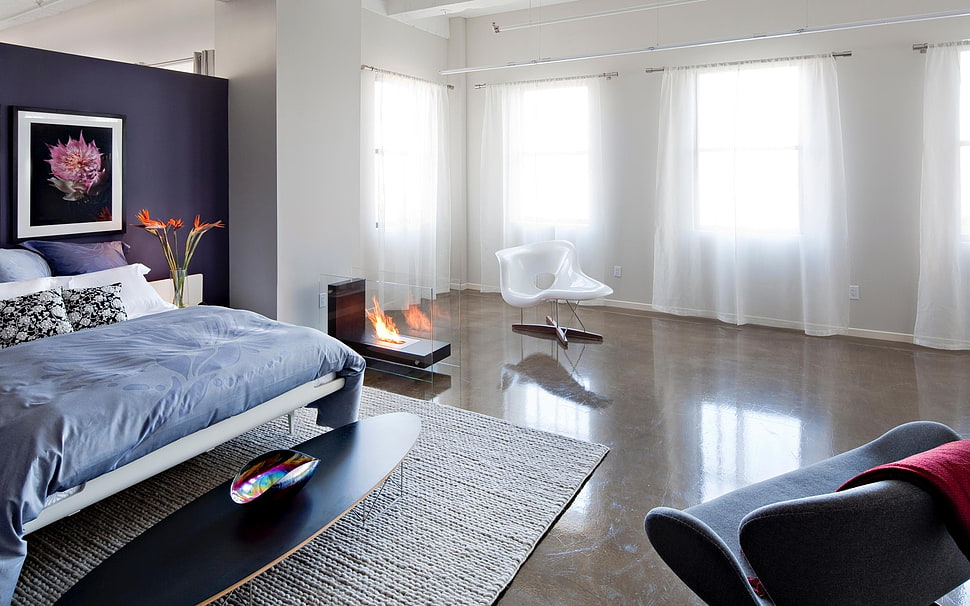 bedroom furniture set, interior, bedroom, interior design, fireplace HD wallpaper