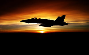silhouette of aircraft during golden hour, FA-18 Hornet, aircraft, sunset, military aircraft