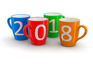 four assorted-color ceramic mugs, 2018 (Year), colorful, white, cup