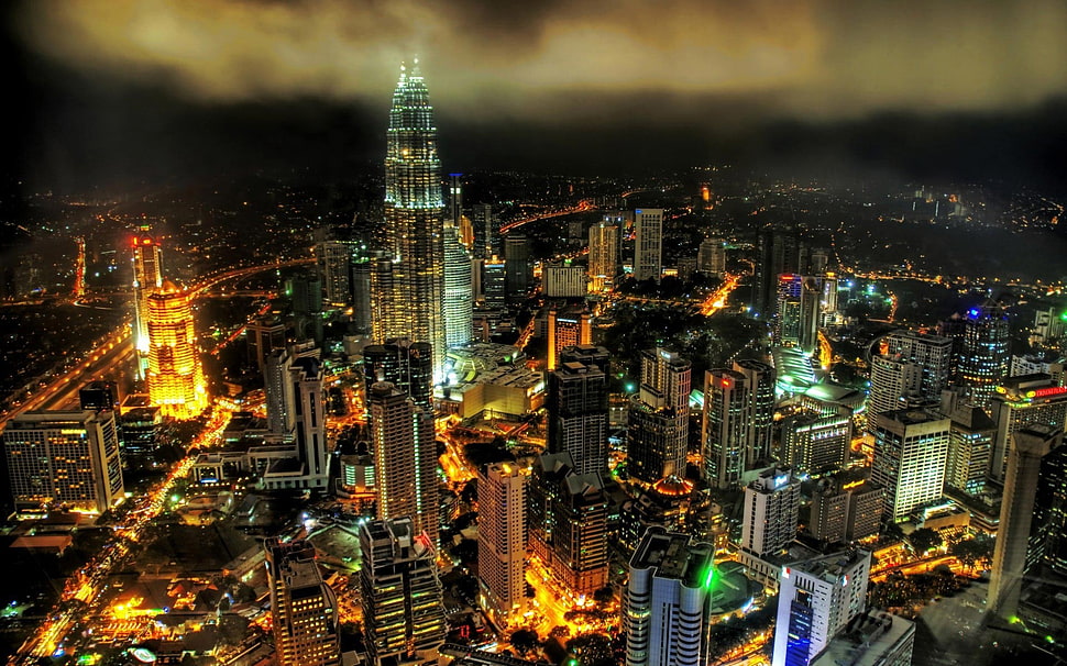 skyscrapers poster, cityscape, night HD wallpaper