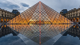 glass greenhouse, lights, glass, Louvre, evening