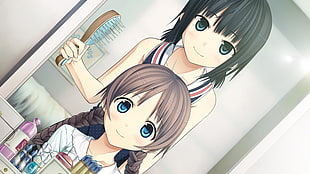 two female anime character in front of a mirror