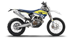 blue and white dual-sport motorcycle