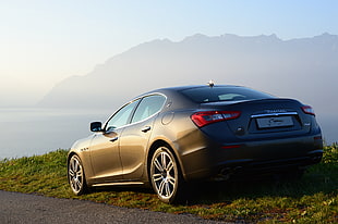 gray sedan, Maserati, mountains, lake, Lake Geneva HD wallpaper