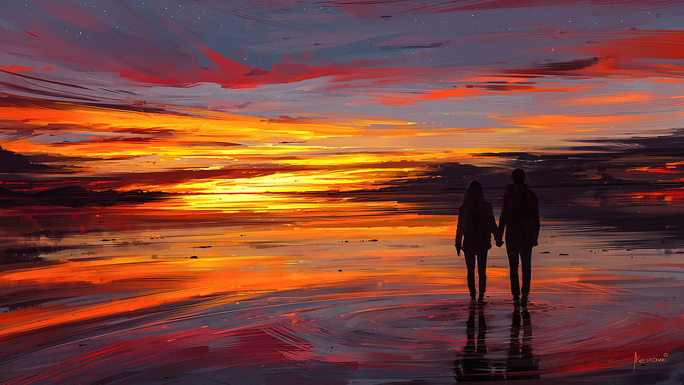 silhouette of couple holding hands painting, artwork, illustration, Aenami, sunset HD wallpaper
