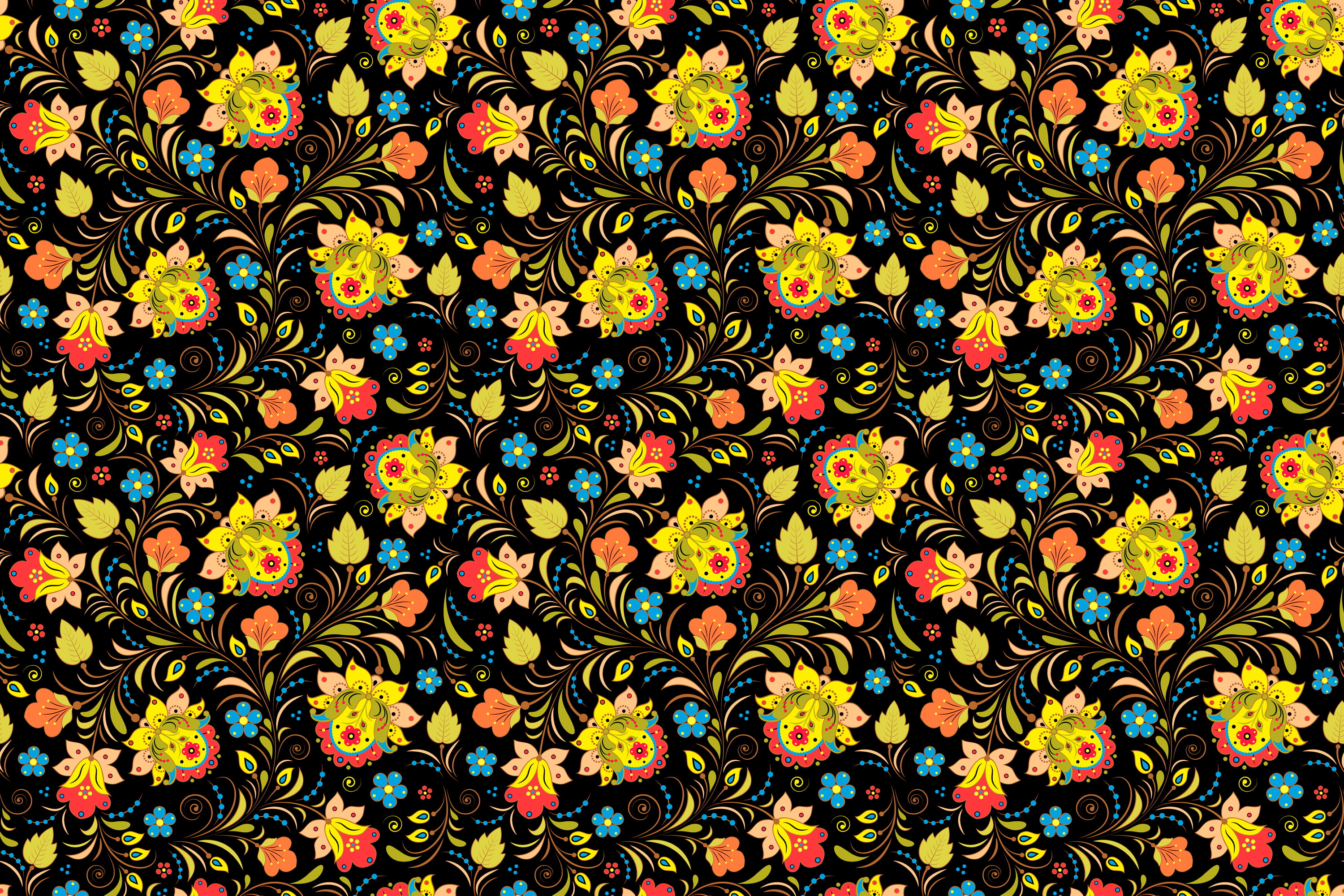 black, yellow, blue, and black floral wallpaper