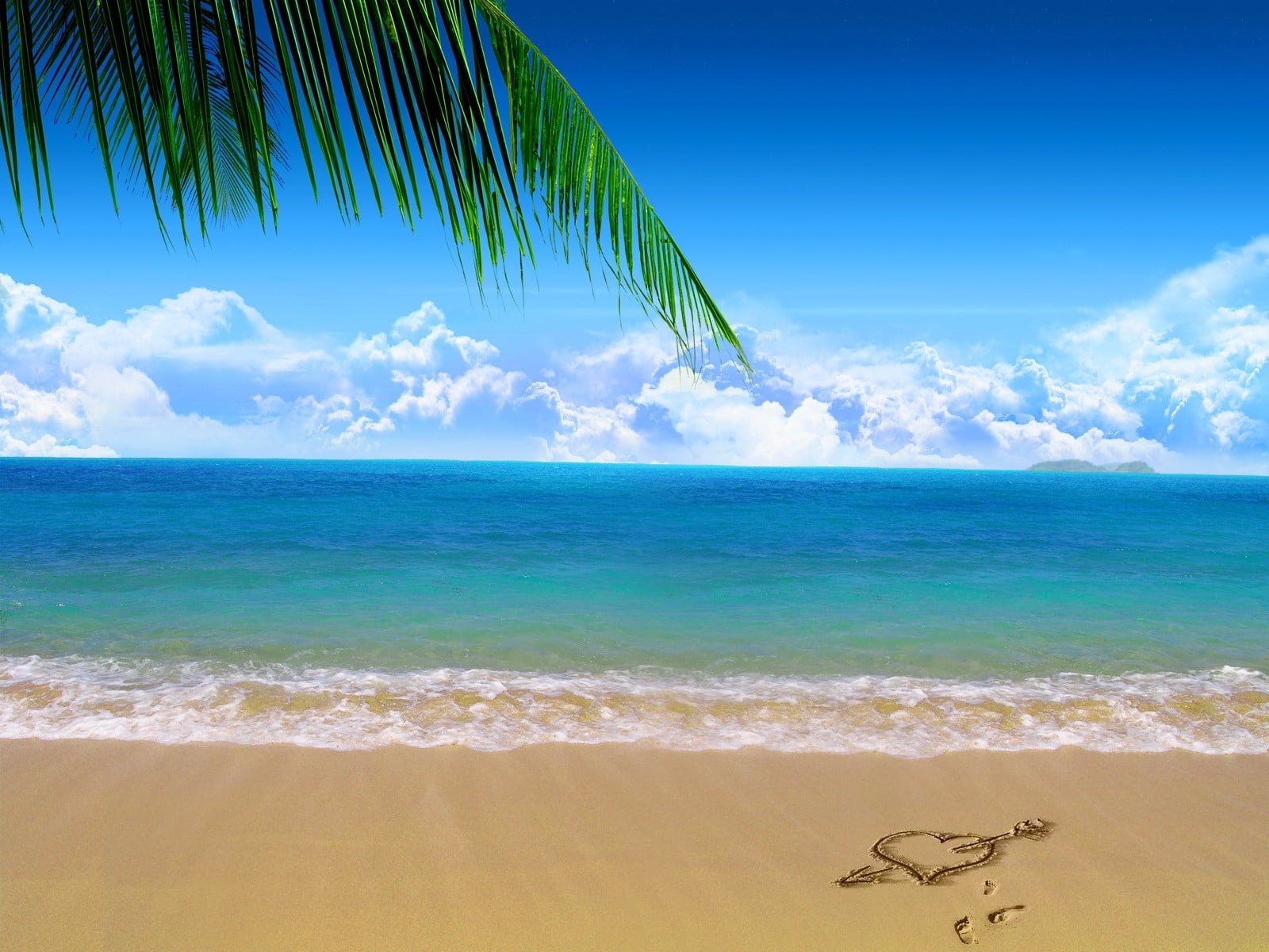 Blue beach with white clouds and blue sky background HD wallpaper