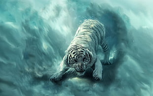 albino tiger digital wallpaper, tiger, fantasy art, animals HD wallpaper