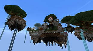 floating building digital wallpaper, Minecraft, floating island, waterfall, video games