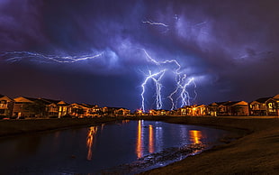 blue lightning thunder, landscape, lightning, house, reflection HD wallpaper