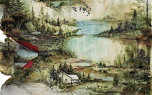 house surrounded by trees beside body of water painting, Traditional Artwork, landscape
