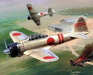 painting of two fighter planes, Japan, World War II, Zero, Mitsubishi
