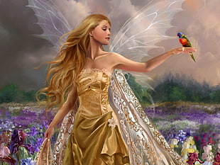 woman in yellow strapless dress and white wings with blue red and green feathered bird on left hand