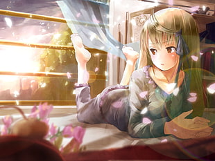 green haired female anime character lying near on window
