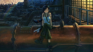 female black haired cartoon character sitting on metal pipe
