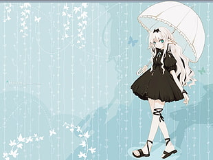 white haired female anime character holding white umbrella