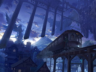 train on railroad bridge illustration, train, anime, vehicle