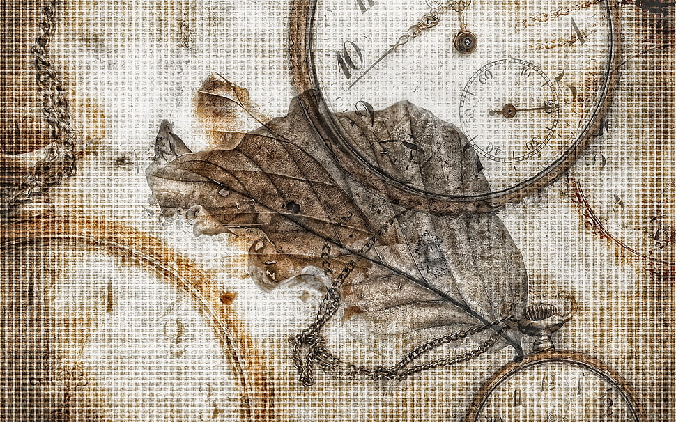 brown leaf and analog clock painting HD wallpaper