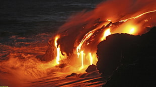 orange lava, lava, volcano, nature, sea