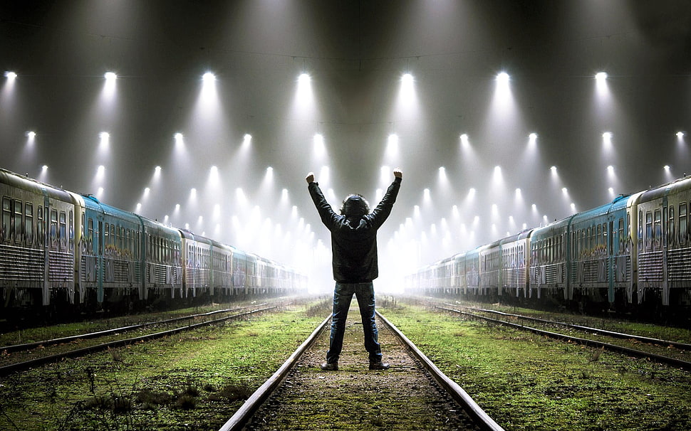 men's black jacket, men, train station, railway, lights HD wallpaper