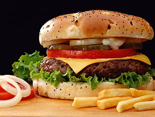 cheeseburger and straight-cut fries, food, burgers, burger, fast food HD wallpaper