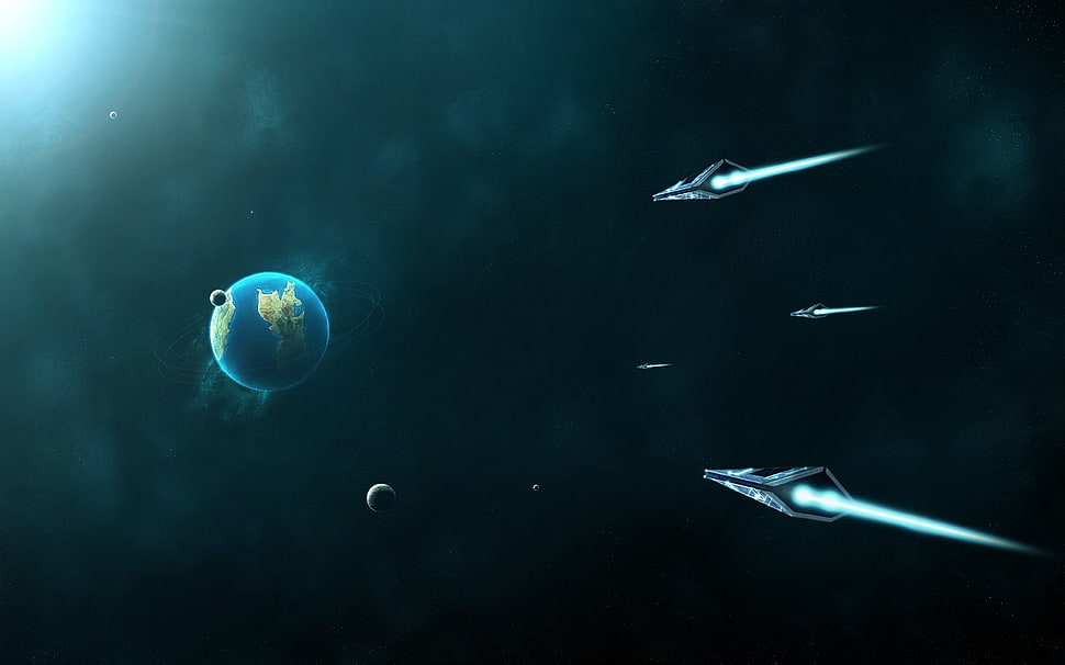 three spacecrafts illustration, space, spaceship, planet, CGI HD wallpaper