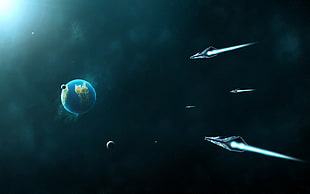 three spacecrafts illustration, space, spaceship, planet, CGI