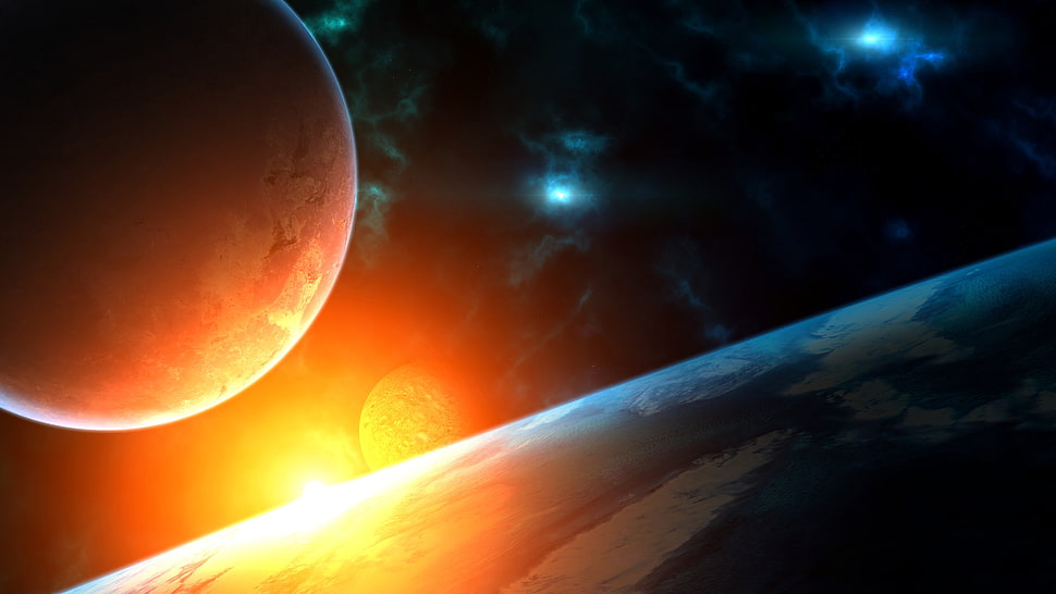 Earth near planet HD wallpaper