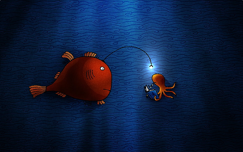 red Angler fish and orange octopus illustration HD wallpaper