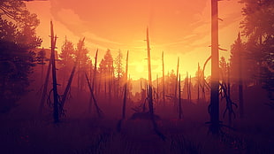 silhouette of tree trunsk, Firewatch, nature, video games
