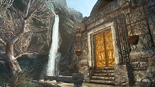 waterfall near big brown door