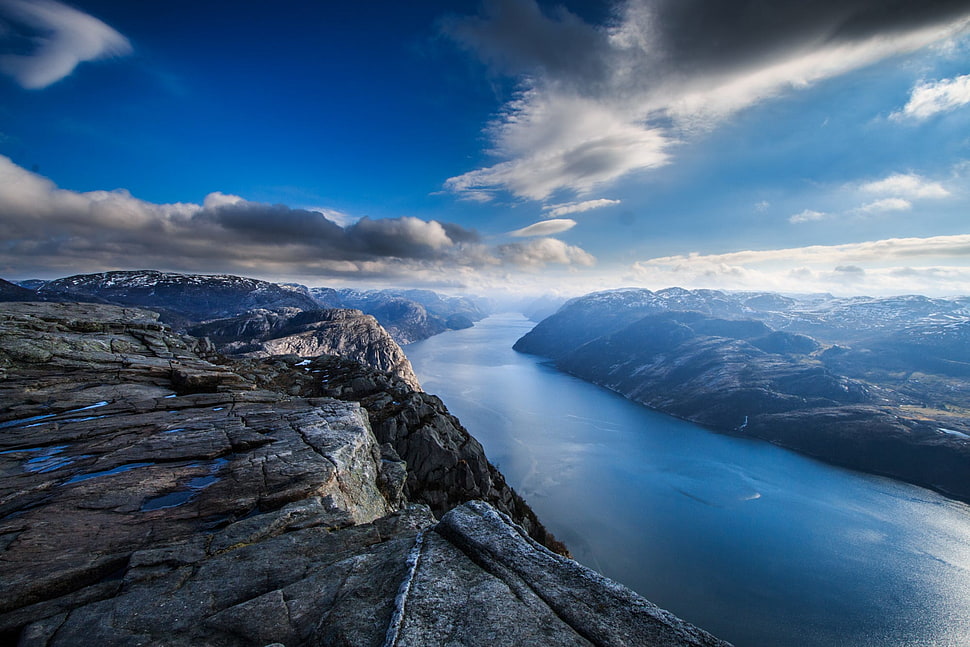 blue and white above ground pool, river, clouds, mountains, landscape HD wallpaper