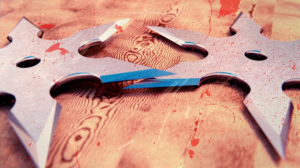 two silver throwing stars, weapon, digital art, shuriken HD wallpaper