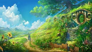 nature painting, landscape, The Lord of the Rings, Bilbo Baggins, Bag End HD wallpaper