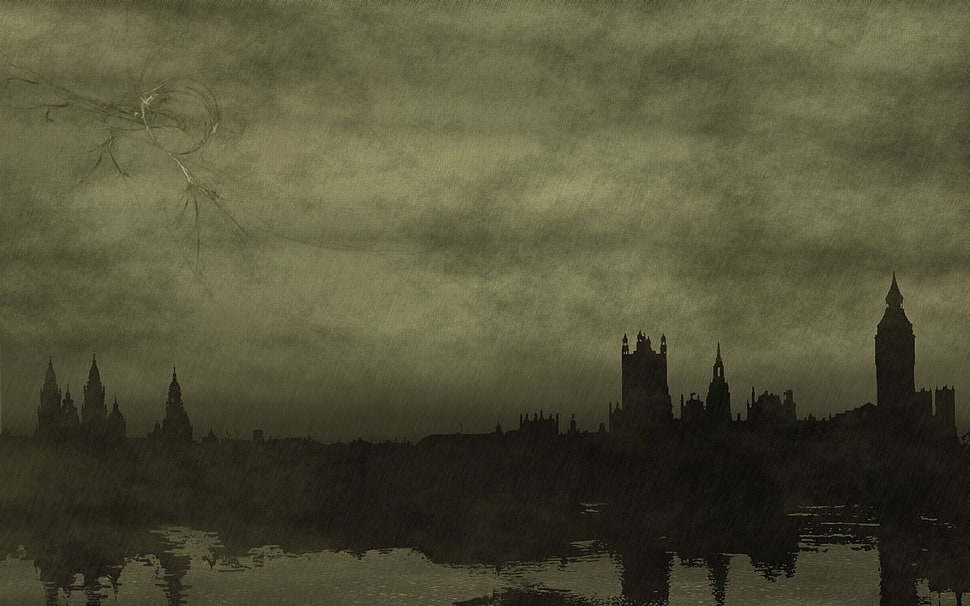 silhouette of Elizabeth Tower, London, cityscape, grunge HD wallpaper