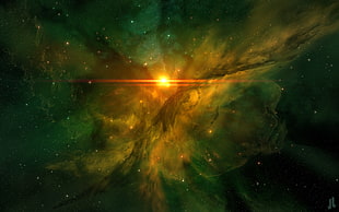 yellow and teal galaxy, JoeyJazz, flares, nebula, space art HD wallpaper