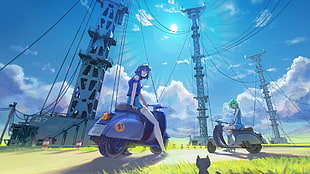 two female characters on motor scooter, anime, landscape, sky