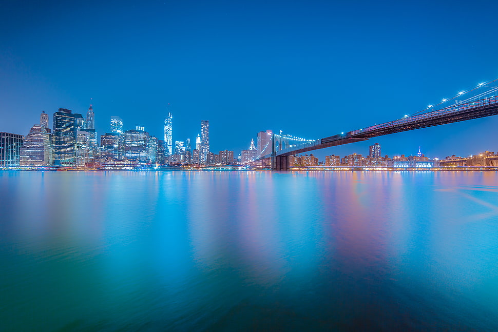 panoramic photo of buildings with bridge, brooklyn bridge HD wallpaper