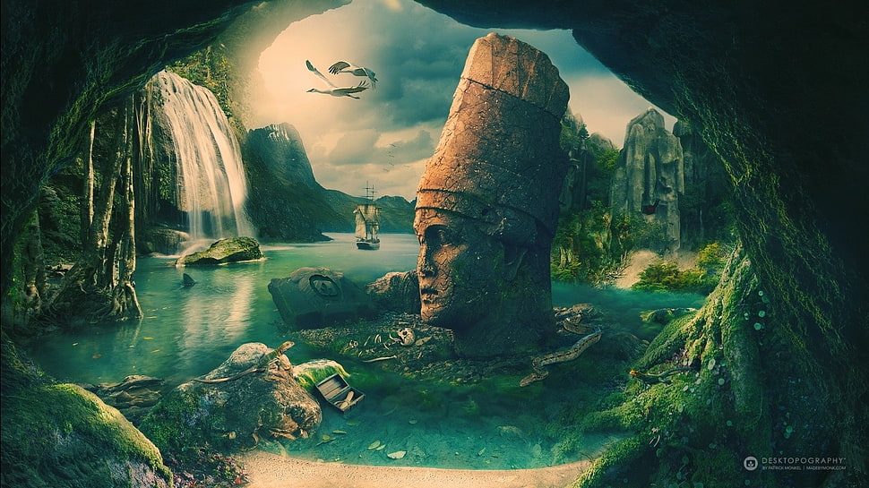 waterfalls illustration, fall HD wallpaper
