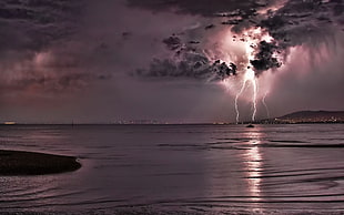 lightning strike, lightning, water, clouds, digital art HD wallpaper
